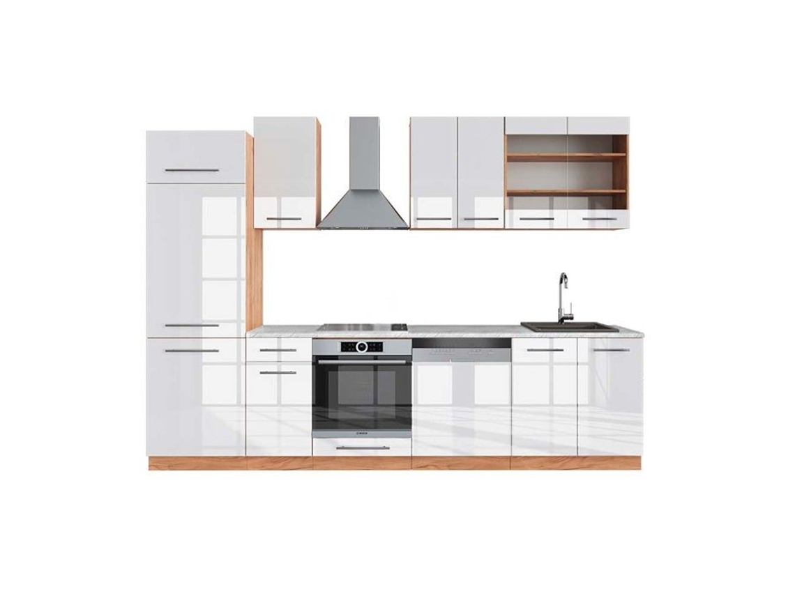 Cozinha Fame-Line, 300 cm, Mármore PT, Branco brilhante/Carvalho dourado, Vicco