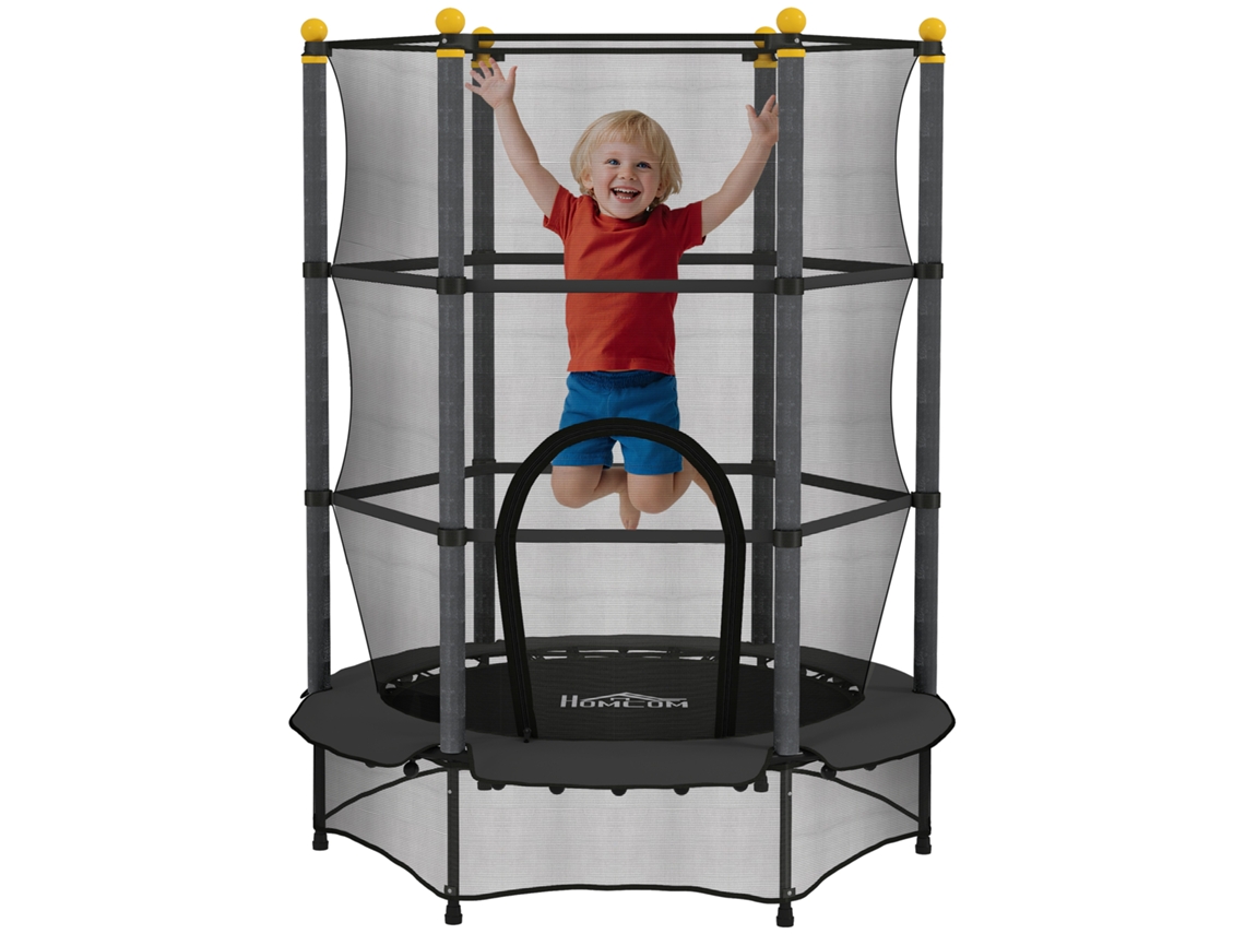 Cama Elástica Infantil, Ø140 Cm, Com Rede De Segurança, Para Uso Interno E Externo, Aço, Plástico, Capacidade De Carga Até 50 Kg, Preta