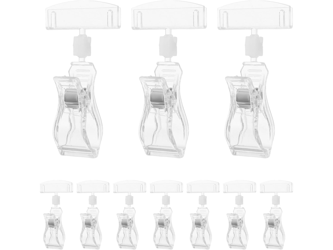 20 clipes transparentes para sinalização, com dupla fixação e ângulo ajustável, ideais para exposição em supermercados e