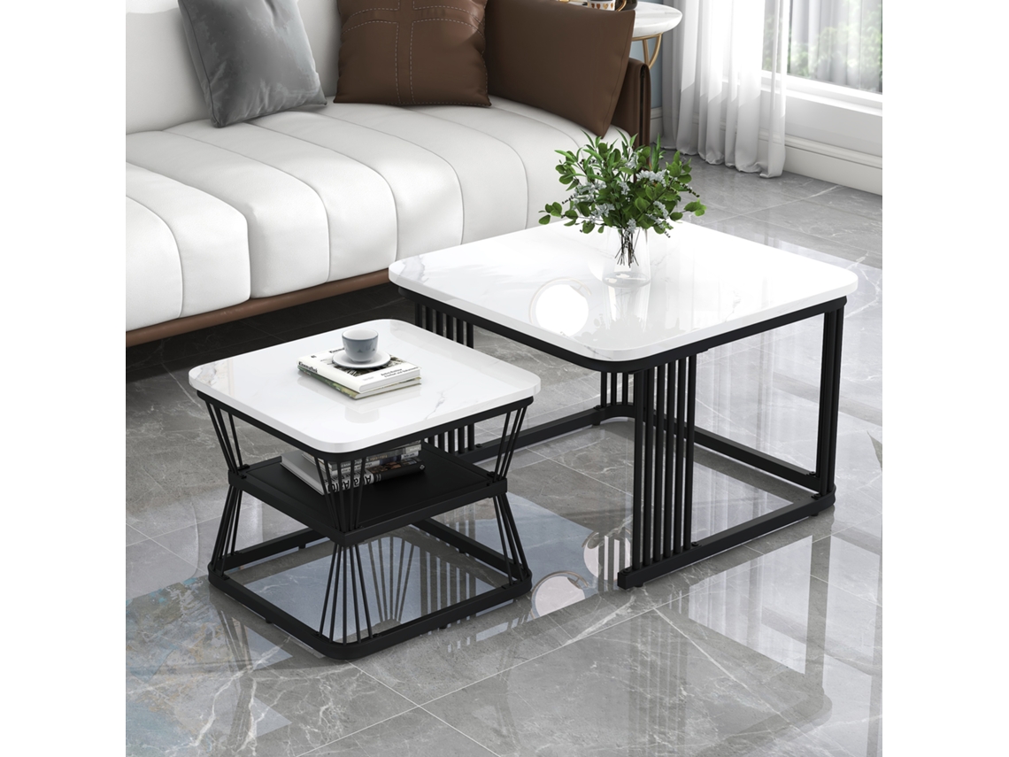 Conjunto 2 Mesinhas De Cabeceira, Mdf Mármore, Aço Tubular, 65x65x45cm E 45x45x39,5cm Cs