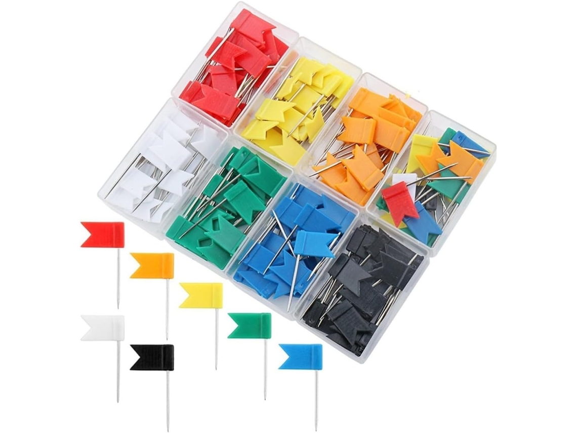 Conjunto de 160 alfinetes coloridos com cabeças de plástico para mapas e bandeiras de viagem Homoyoyo, embalados em 8 caixas.