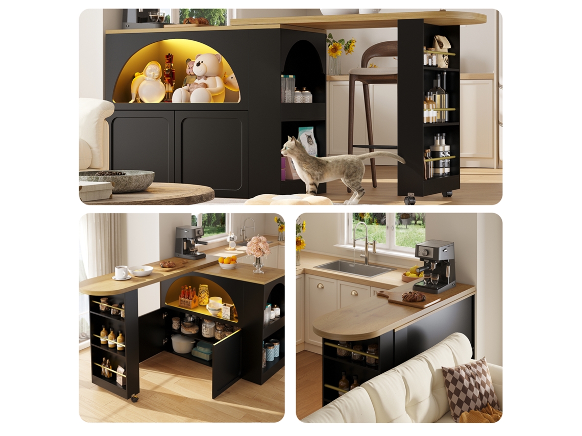 Mesa Bar Extensível Preta 135-205x39x100cm, Móvel, Telescópica, Led, Portas Arqueadas. Cs