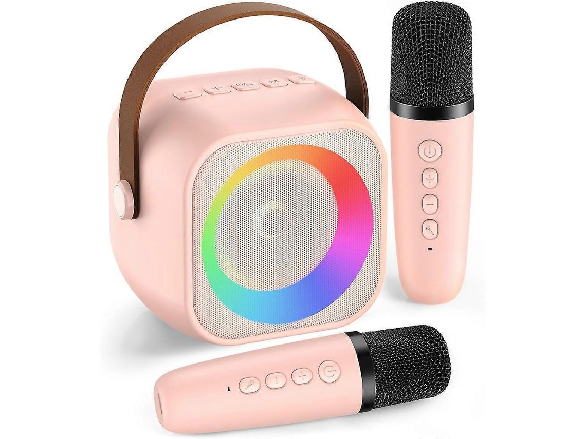 Máquina De Karaokê Para Crianças E Adultos, Mini Caixa De Som Portátil Bluetooth Com 2 Microfones Sem Fio E Luzes Rosa Aquaforge