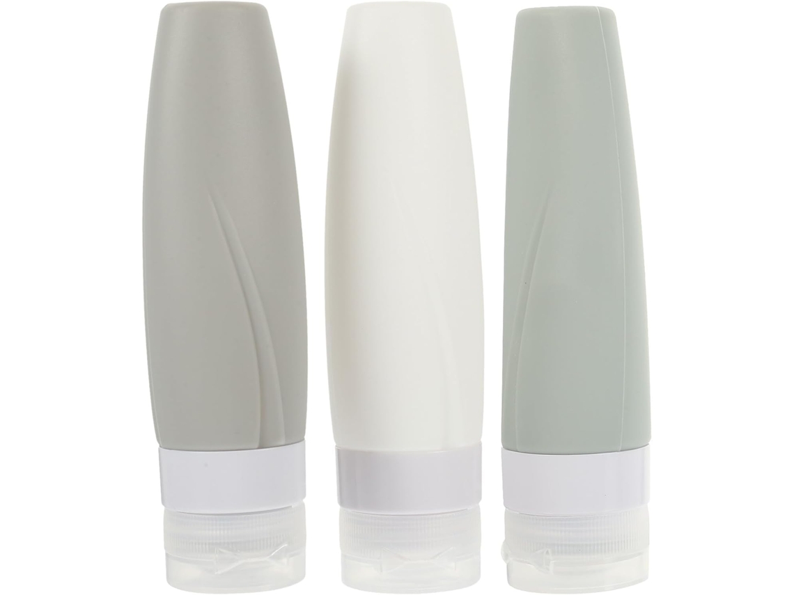 Conjunto de 3 garrafas de viagem leves e portáteis, feitas de silicone sólido, com capacidade de 90ml.