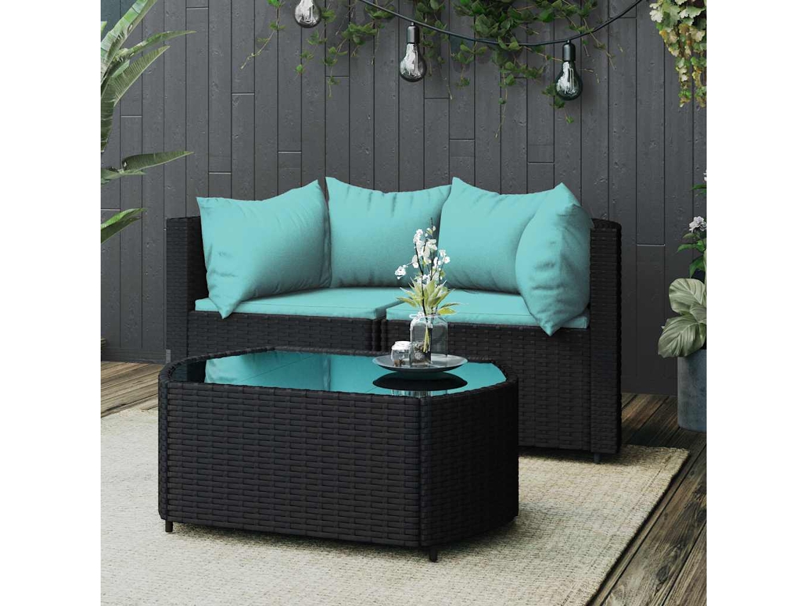 Vidaxl 3 Pcs Conjunto Lounge De Jardim C/ Almofadões Vime Pe Preto