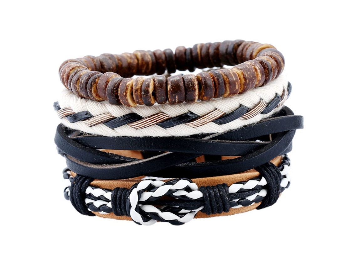 Pulseira Masculina 4 Peças Retro Estilo Couro E Linho Tecido