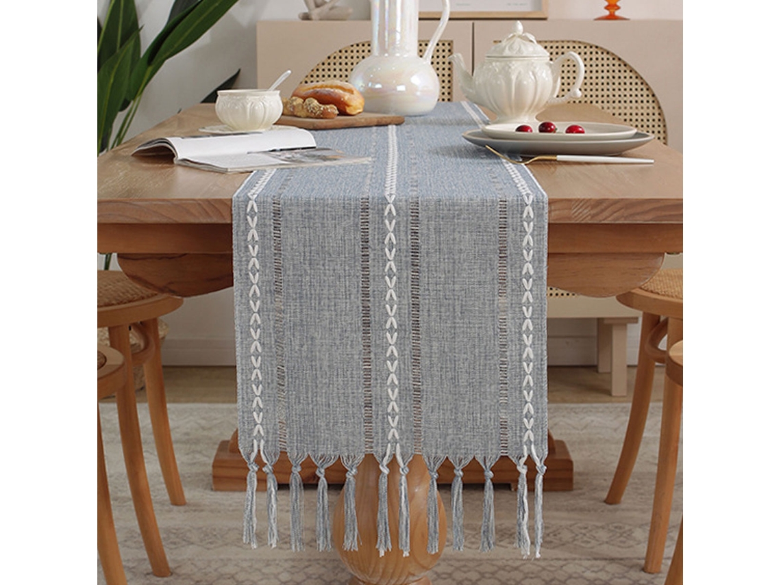 Toalha de Mesa de Linho Estilo Boho 72 Longa Mesa Country com Franjas Artesanais para Restaurante de Festa 13 X 72 Cinza