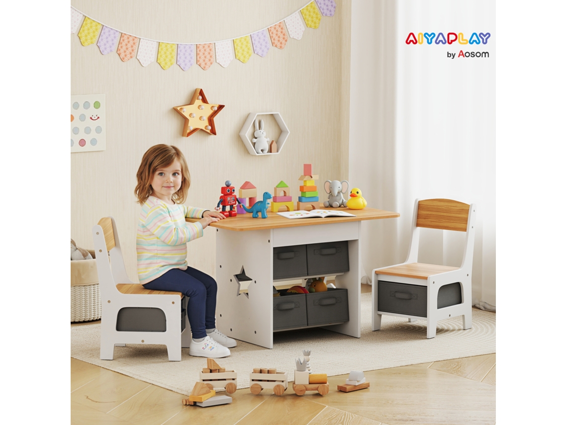 Mesa Infantil com 2 Cadeiras Tábua e Poltronas para Crianças 6 Gavetas Tecido Desenho Estrelas Madeira e Branco