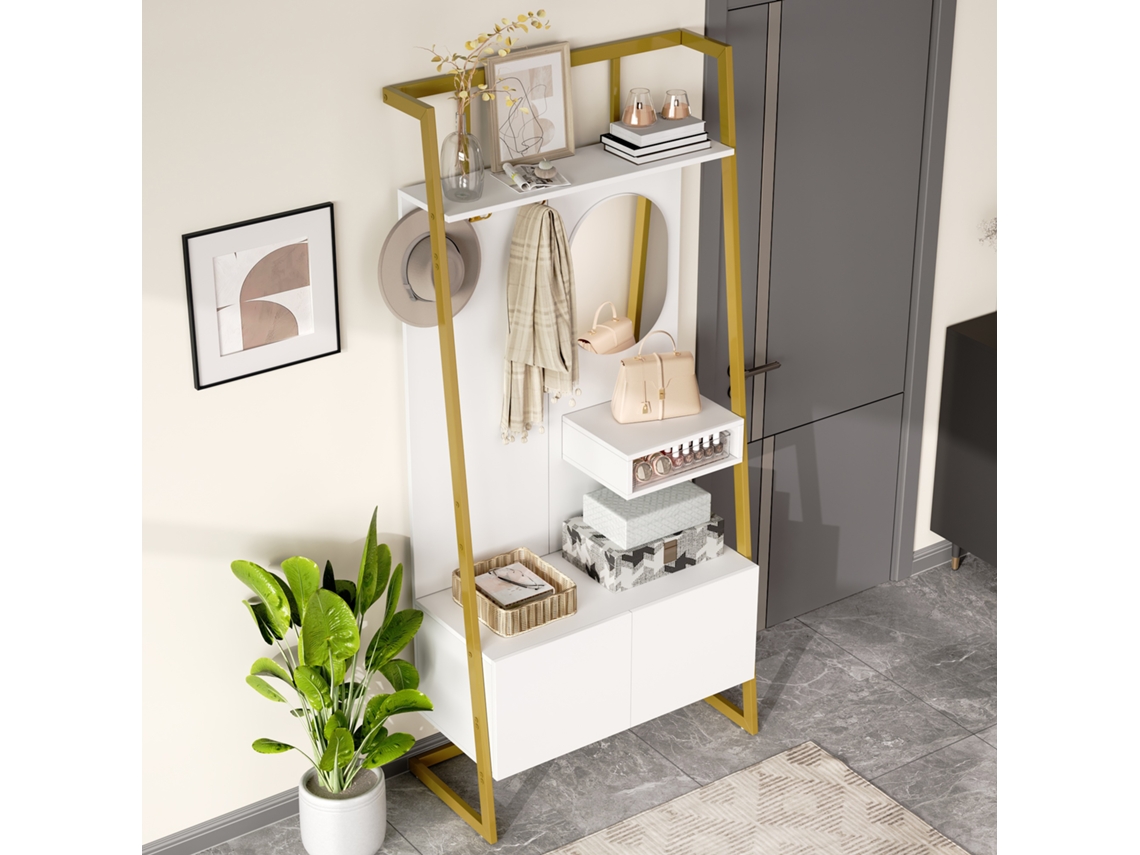 Guarda Roupa Minimalista Aberto Espelho Ganchos Metal Banco VELTRIX