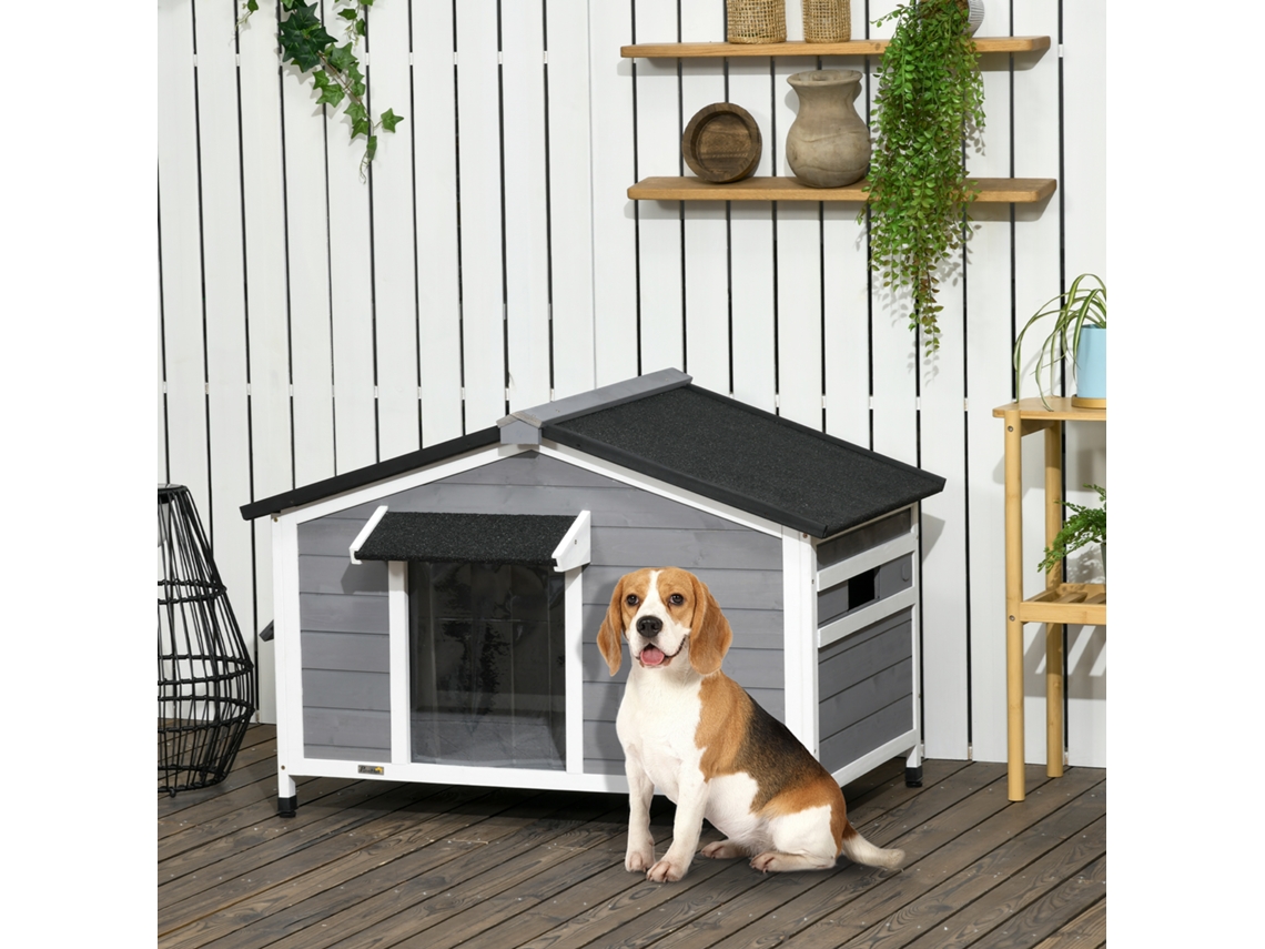 Casinha Canina Estilo Chalé, Madeira, 109x79x72cm, Janelas, Porta, Telhado Solar | S/MARCA