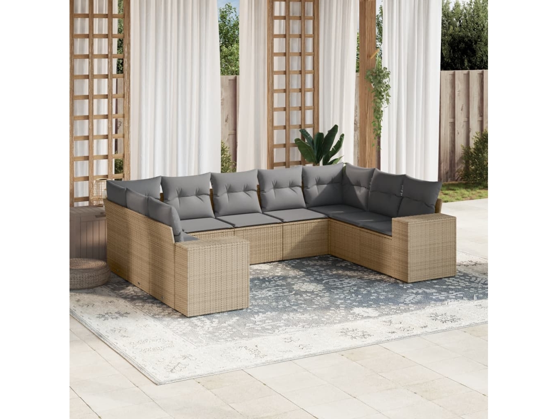 Vidaxl 9 Pcs Conjunto De Sofás P/ Jardim Com Almofadões Vime Pe Bege