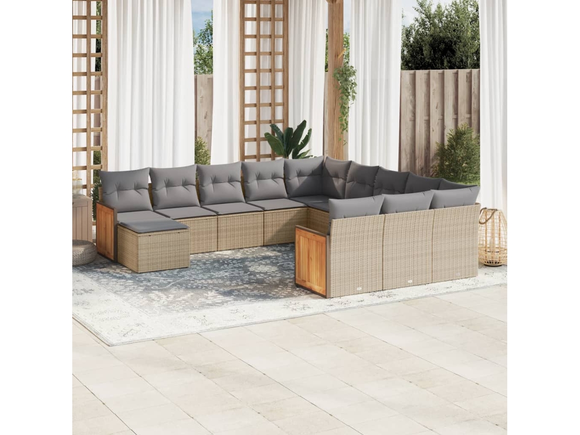 Vidaxl 12 Pcs Conjunto De Sofás P/ Jardim Com Almofadões Vime Pe Bege