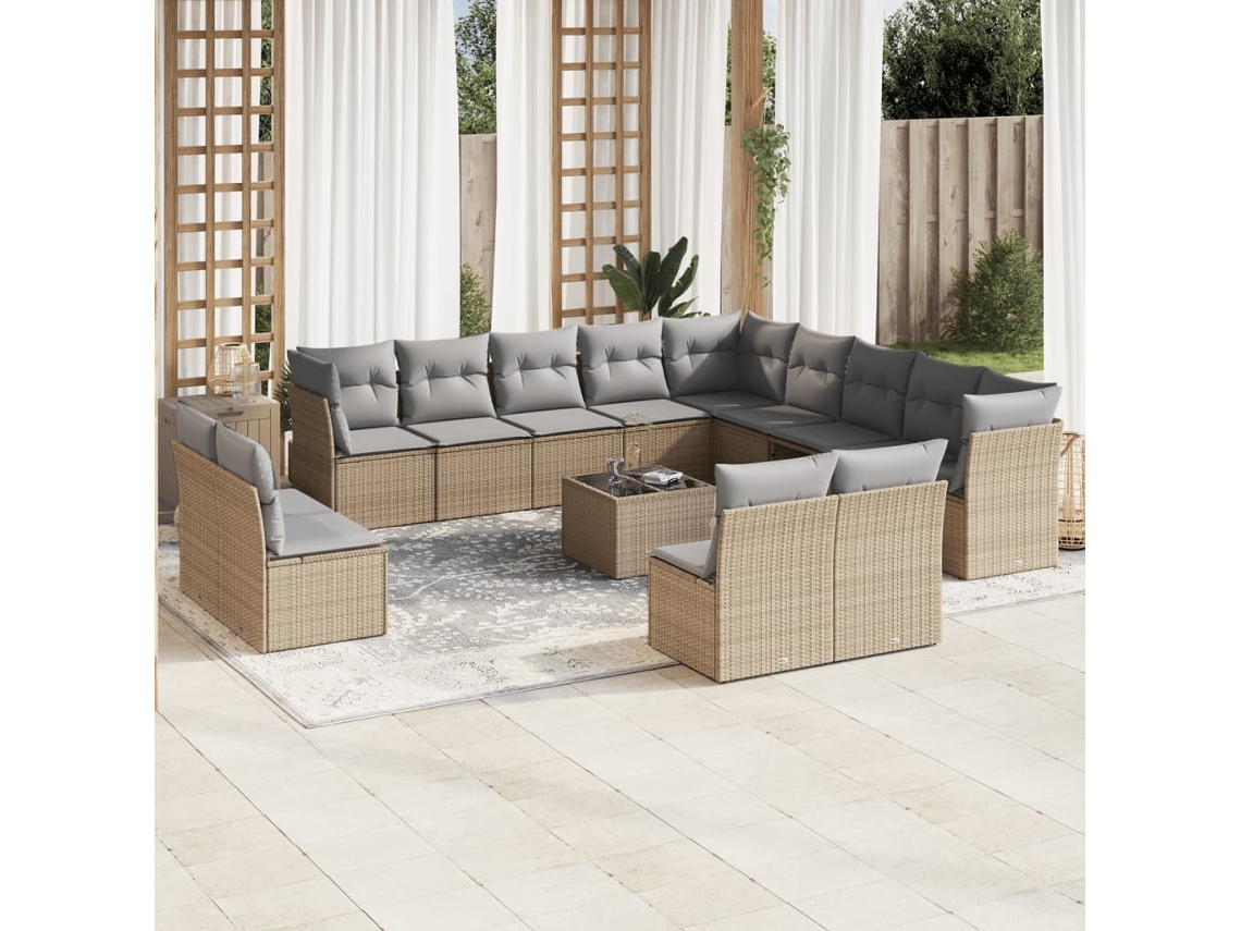 Vidaxl 14 Pcs Conjunto De Sofás P/ Jardim Com Almofadões Vime Pe Bege