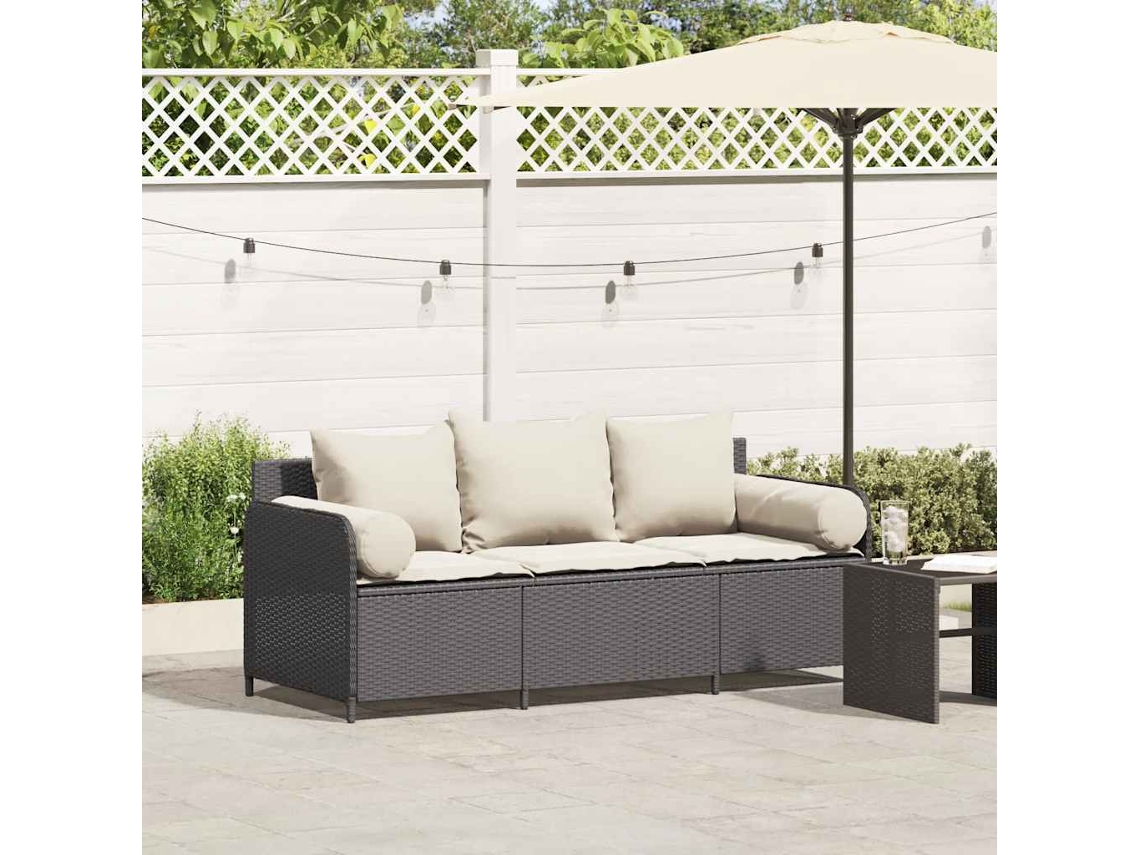 Vidaxl Sofá De Jardim 3 Lugares Com Almofadões Vime Pe Preto