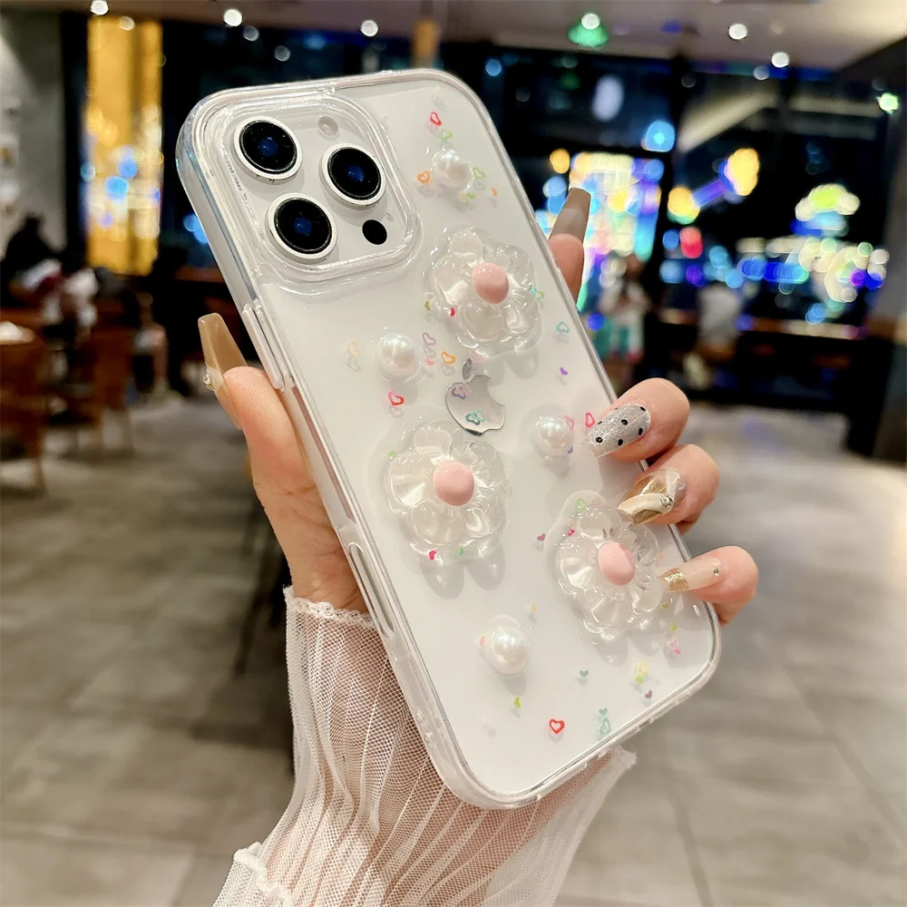 Capa Para Celular 3d Com Estampa De Flor Fofa (iphone 16 Pro Max, Branca), Compatível Com Iphone, Capa Protetora À Prova De Choque.