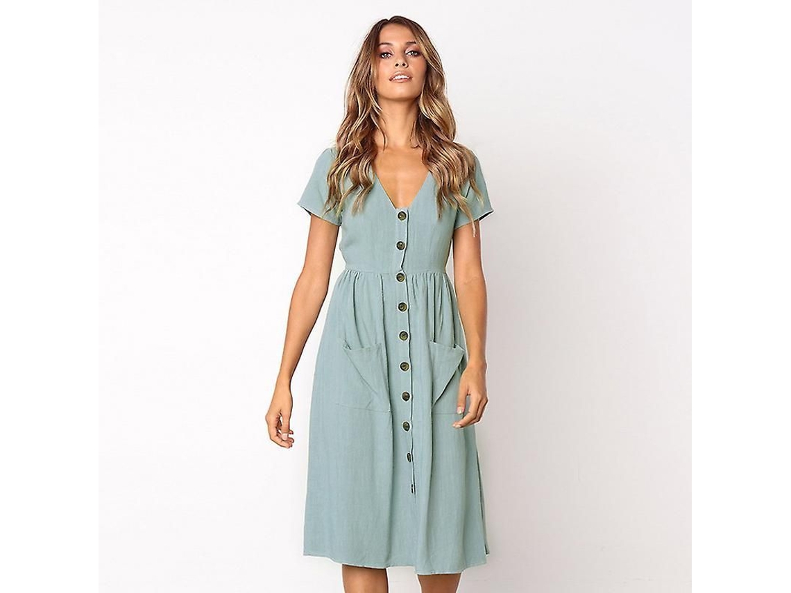 2026 vestido Casual Midi para Mulher com Manga Curta, Gola em V, Botões e Bolsos, Verão, Corte A line