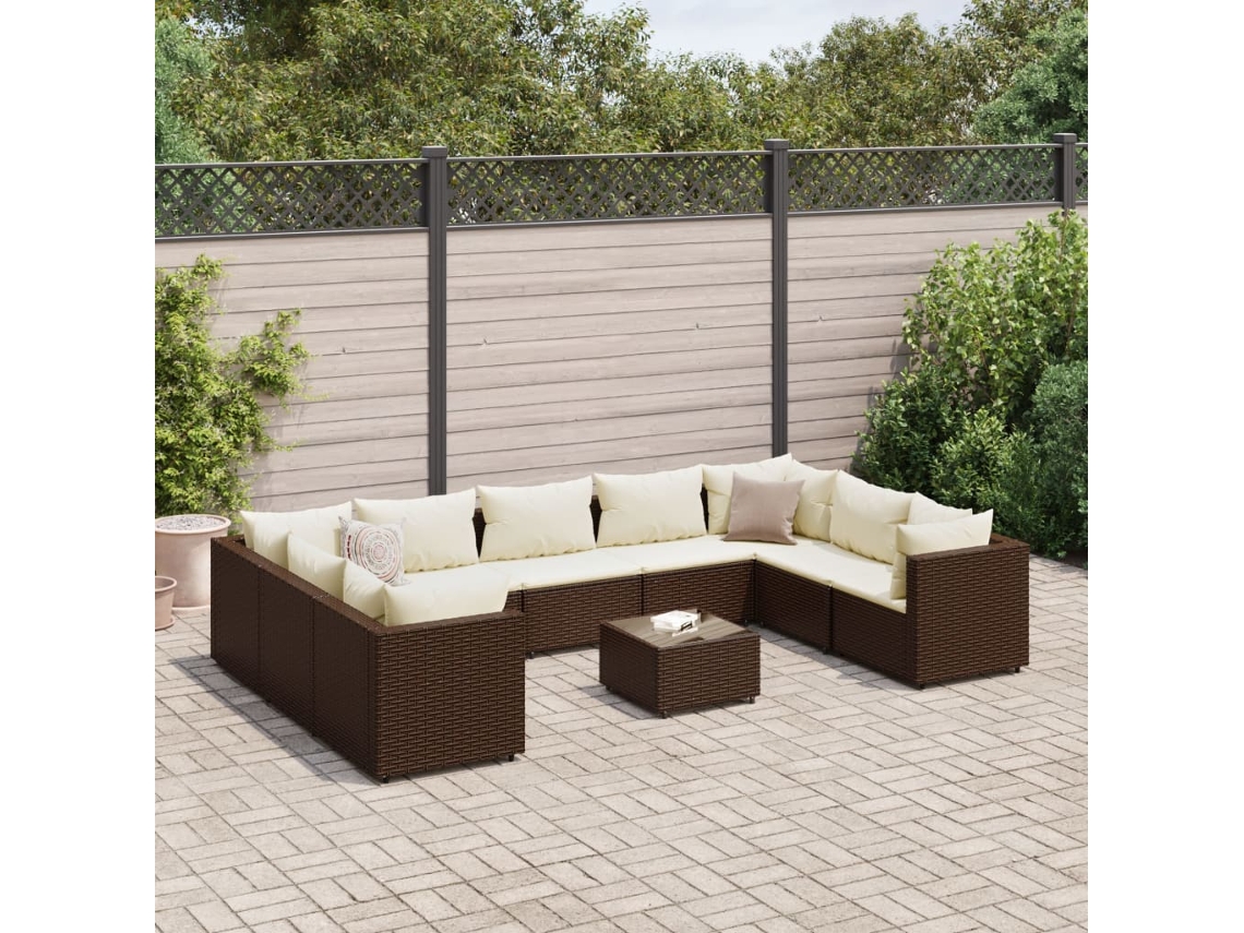 Vidaxl 10 Pcs Conjunto Lounge Jardim C/ Almofadões Vime Pe Castanho