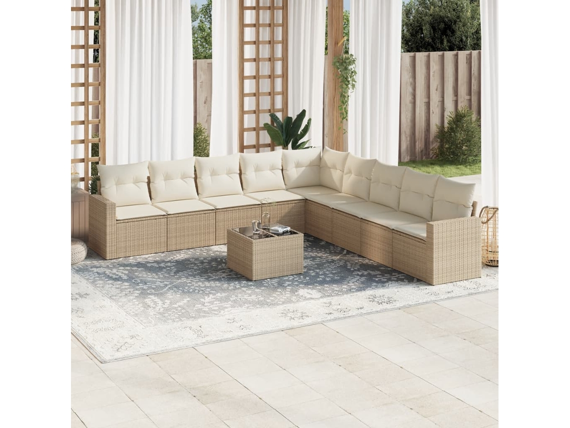 Vidaxl 10 Pcs Conjunto De Sofás P/ Jardim Com Almofadões Vime Pe Bege