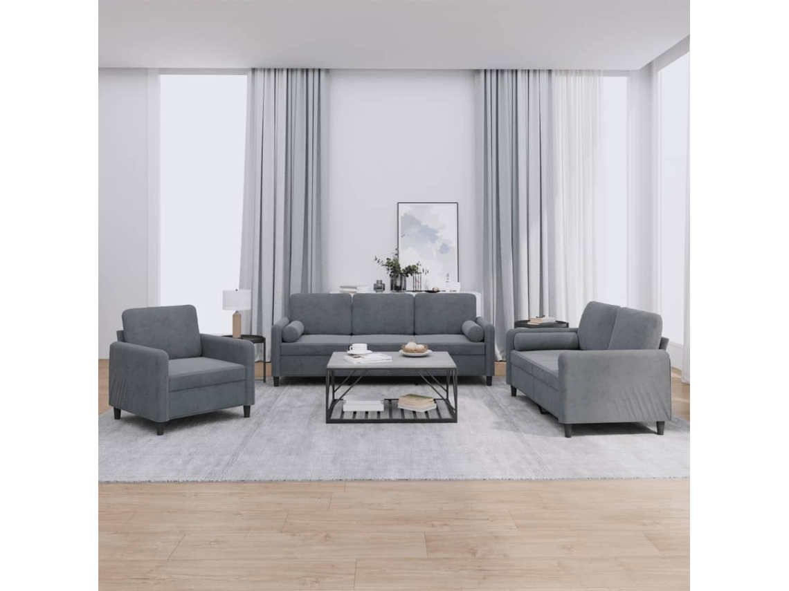 Vidaxl 3 Pcs Conjunto De Sofás Com Almofadas Veludo Cinzento-escuro