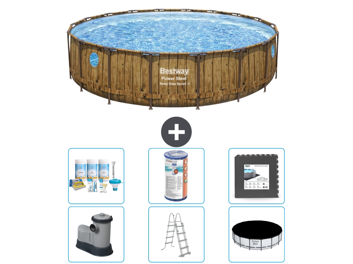 Piscina BESTWAY Round Power Steel Swim Vista Impressão em Madeira 549 X 122 Incluindo Bomba Escada Capa Acessórios Cb31