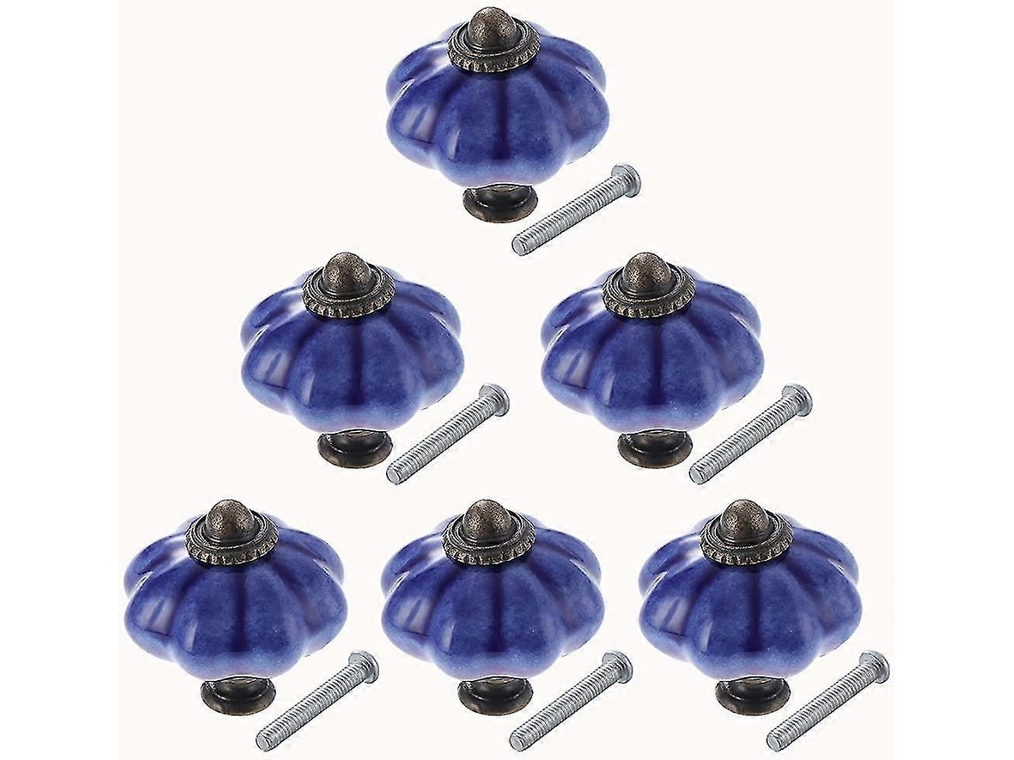 Juego de 6 Tiradores de Cerámica para Armarios Estilo Antiguo Forma de Calabaza Azul