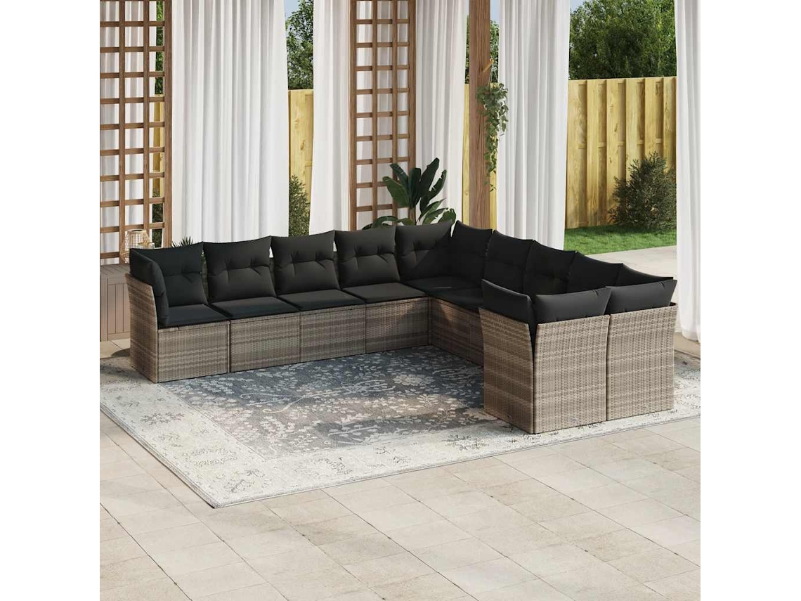 Vidaxl 10 Pcs Conj. Sofás Jardim Com Almofadões Vime Pe Cinzento-claro