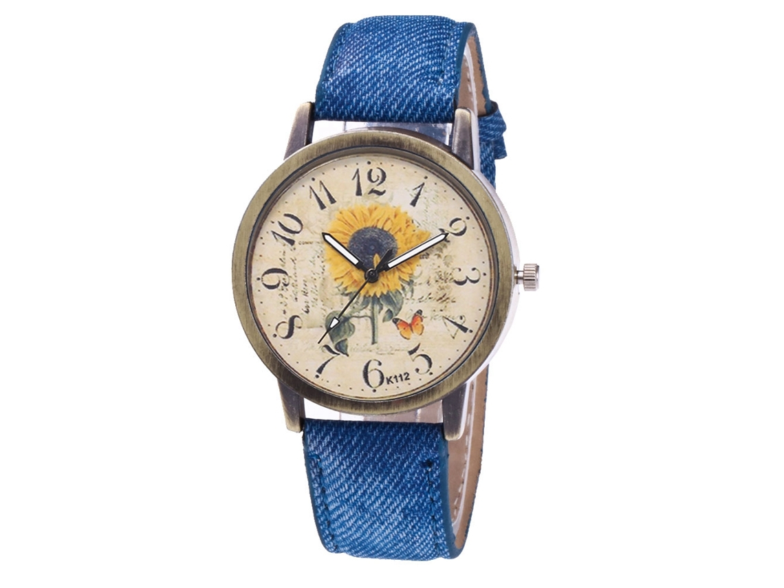 Relógio de pulso unissex Zhoulianfa Royal Blue Sunflower com mecanismo de quartzo e pulseira de jeans.
