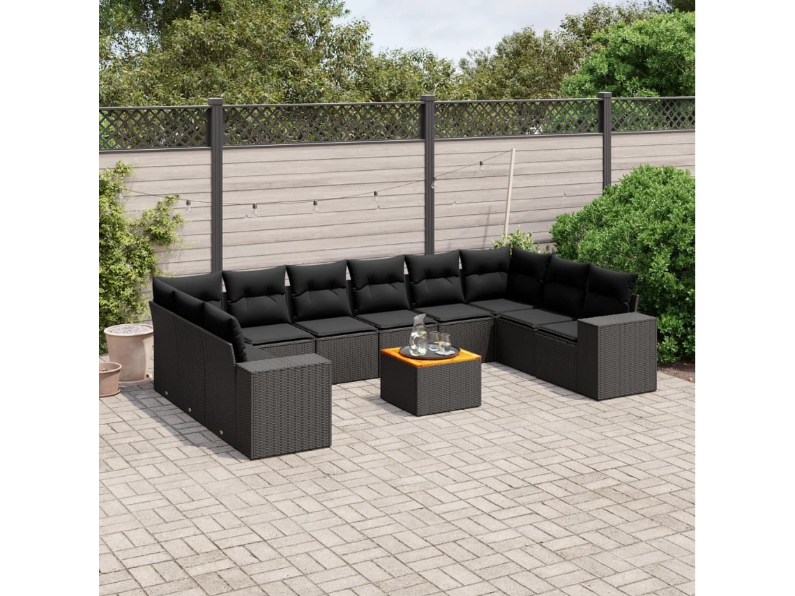 Jogo de Sofá Jardim 11 Peças C/ Almofadões Vime Pe Preto Dkd Home Decor