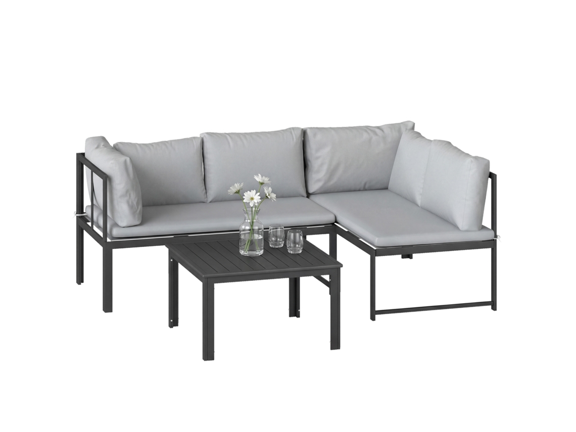 Conjunto Jardim 2 sofás 2 lugares com mesa de centro cinza, com apoios ajustáveis e almofadas | S/MARCA
