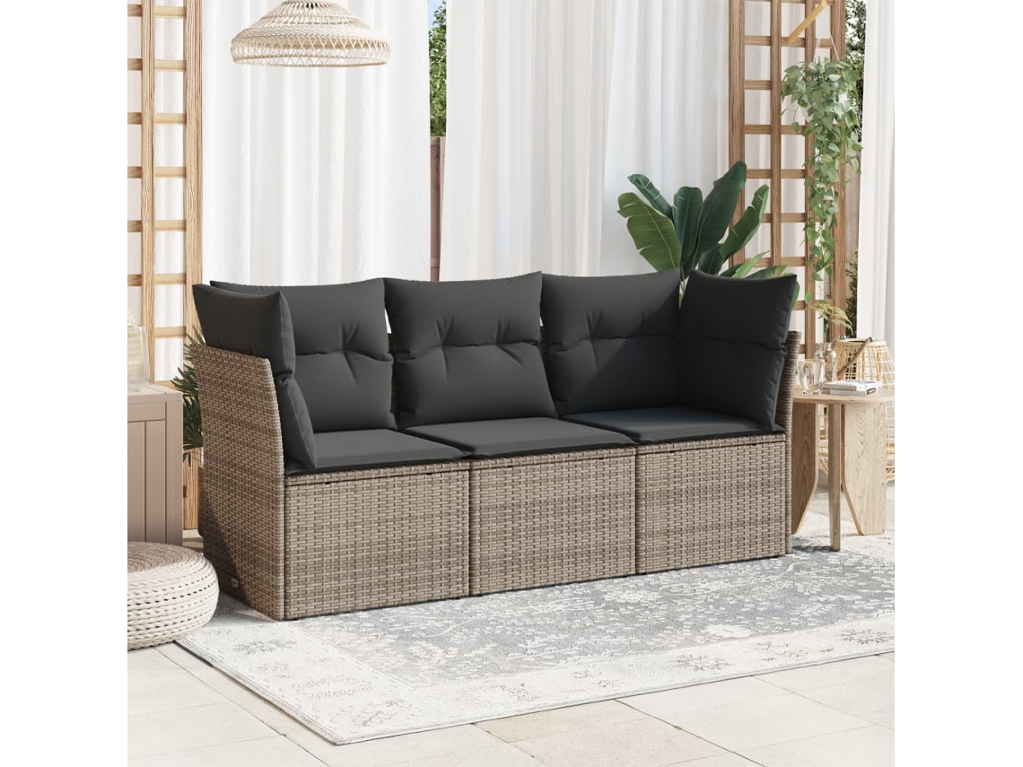 Vidaxl 3 Pcs Conjunto Sofás de Jardim C/ Almofadões Vime Pe Cinzento