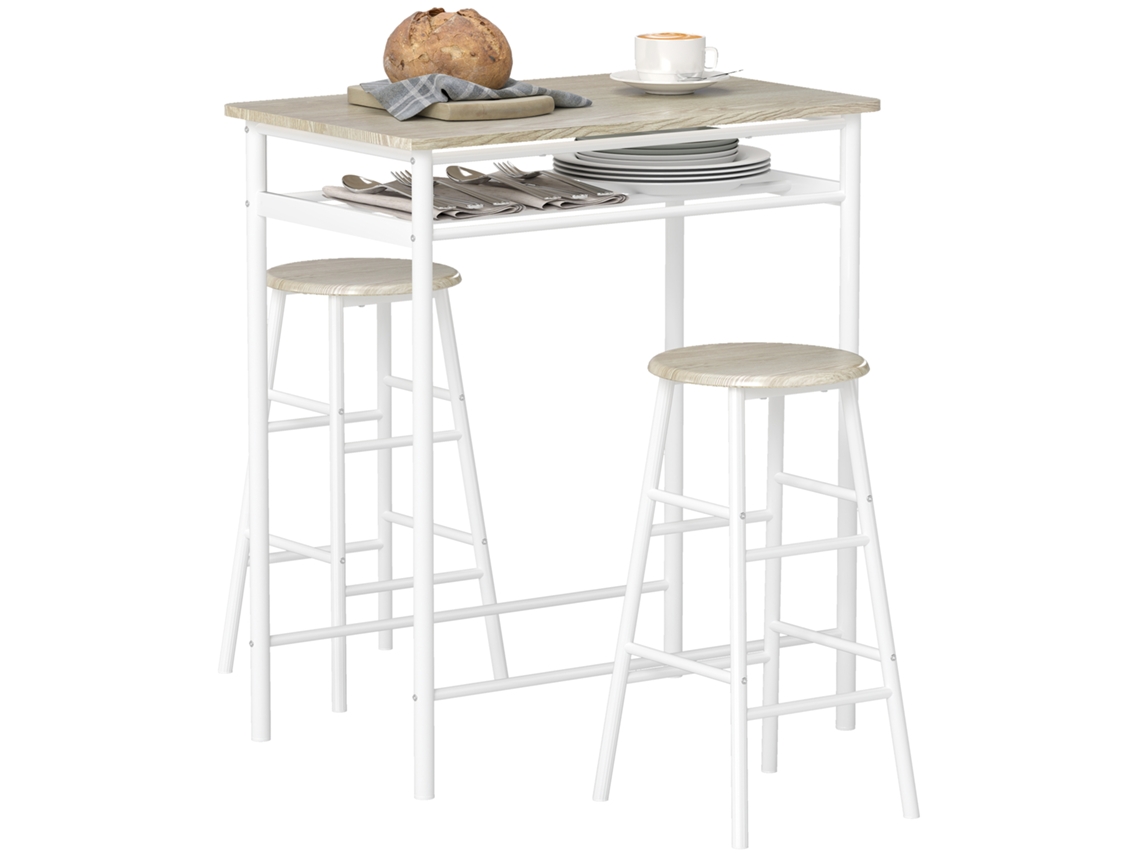 Conjunto de Mesa de Bar BTFORUS com 2 banquetas,prateleira e pés de metal,80x50x90cm,branco