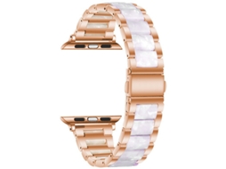 Pulseira de 22 mm com elos metálicos e de resina, em ouro rosa com detalhes em branco brilhante, compatível com Apple Watch.