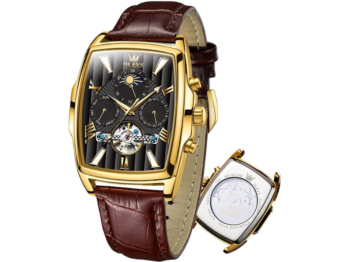 Lurelia Relógio Mecânico Masculino, Automático, Data/calendário, Luminoso, Mostrador Esqueleto, Fase Da Lua, Couro, Dourado