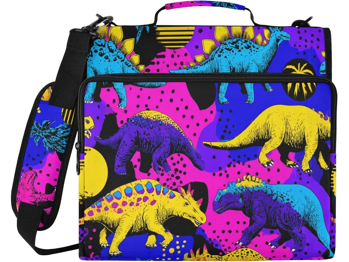 Pasta organizadora com zíper de 3 argolas, comporta diversas bolsas, com estampa vibrante e colorida de dinossauros, ideal para...