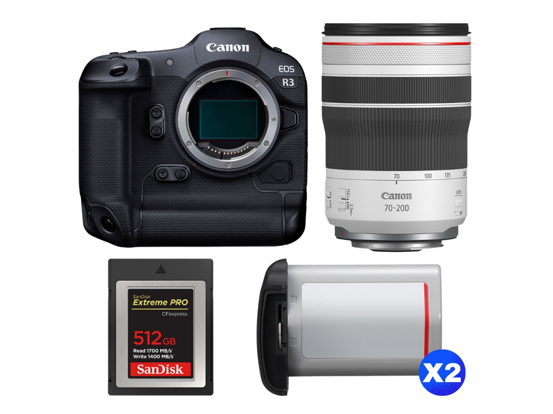 Eos R3 + Rf 70 200mm F/4 L Is Usm + 1 Sandisk 512gb Extreme Pro Cfexpress Type B + 2 Canon Lp e19 + Ebook “20 Dicas para Fotos Que Impressionam” CANON