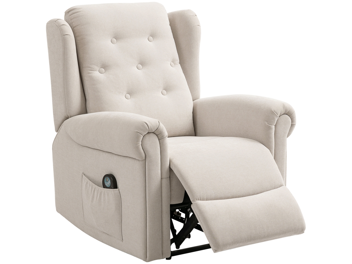 Massagem Elétrica e Cadeira de Relaxamento Aquecida com Encosto e Apoio para os Pés Ajustados Manualmente. Bolso Lateral. Bege Ge