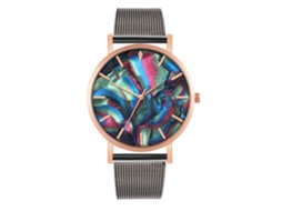 Relógio de casal com pulseira de malha, estilo bracelete, nas cores preto e ouro rosa.