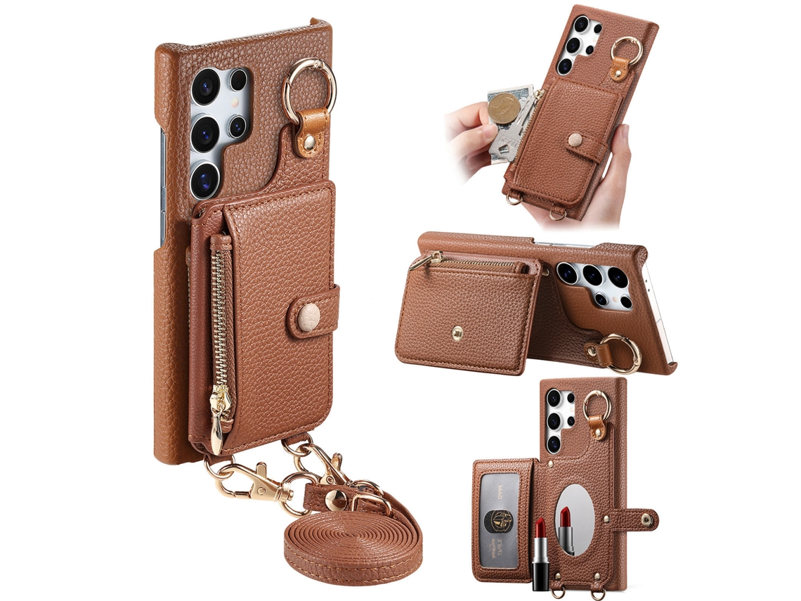 Capa Para Samsung Galaxy S24 Ultra, Em Couro Pu,espelho Embutido E Porta/cartões. Marrom Czhhmart
