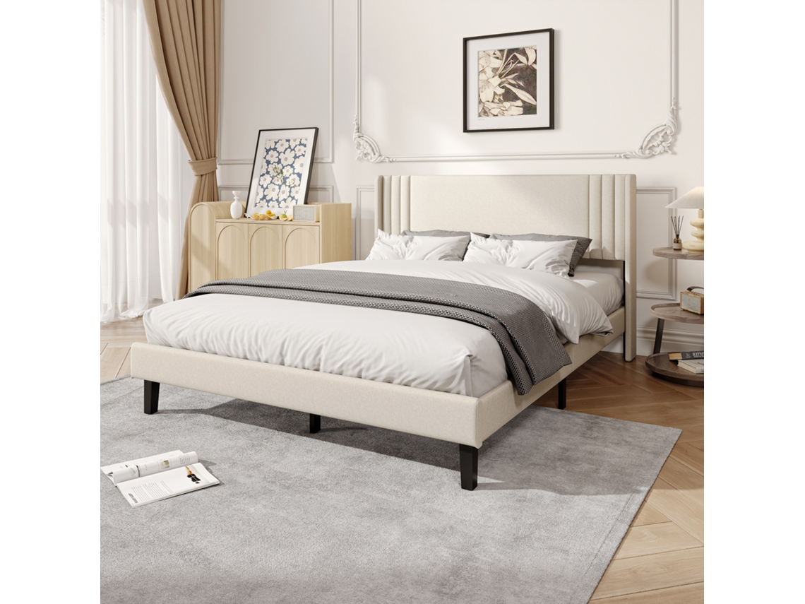 Cama Estofada 160x200 cm com Cabeceira e Estrado de Ripas MEXUS