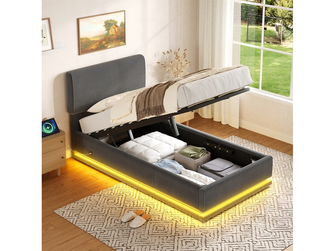 Cama Estofada Moderna 90*200cm, Led, Usb-c, Cabeceira Ajustável, Veludo Cotelê, Estrutura Ripas, Armazenamento, Cinza-op