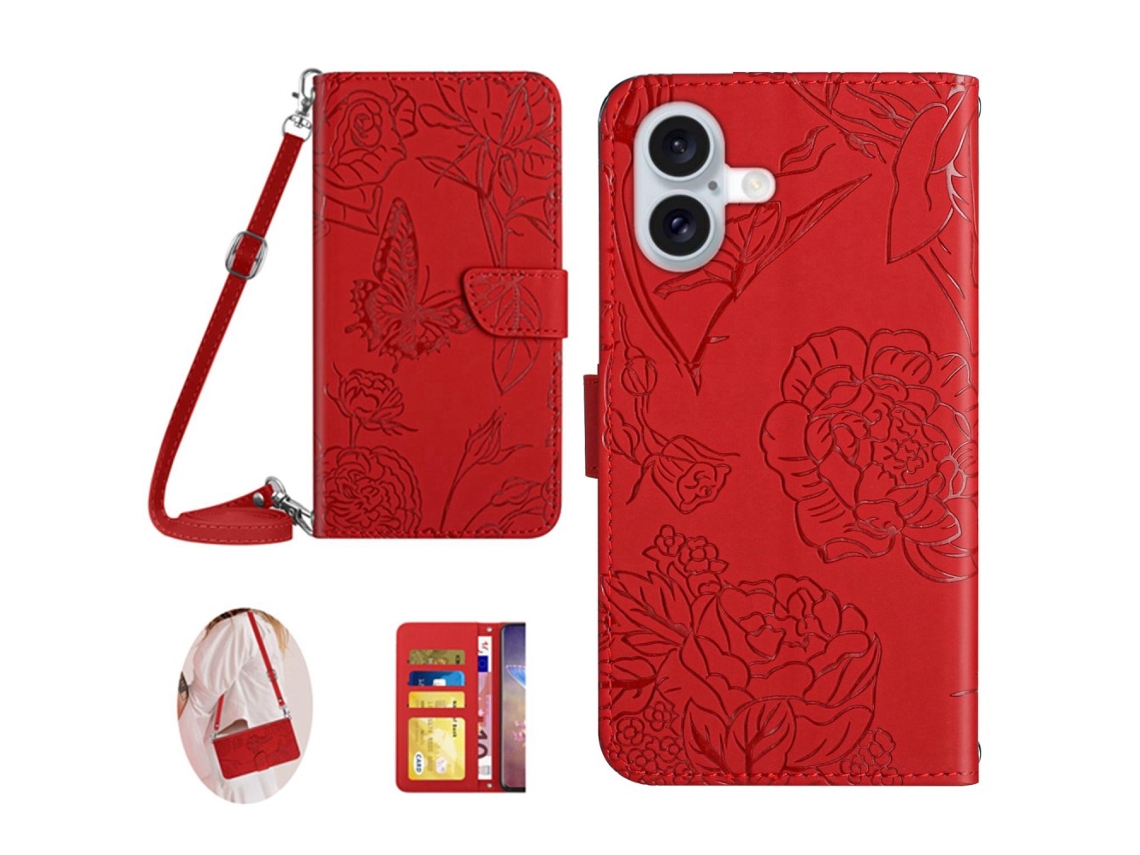 Capa Em Couro Pu Padrão De Flor E Borboleta Para Apple Iphone 16 - Vermelho