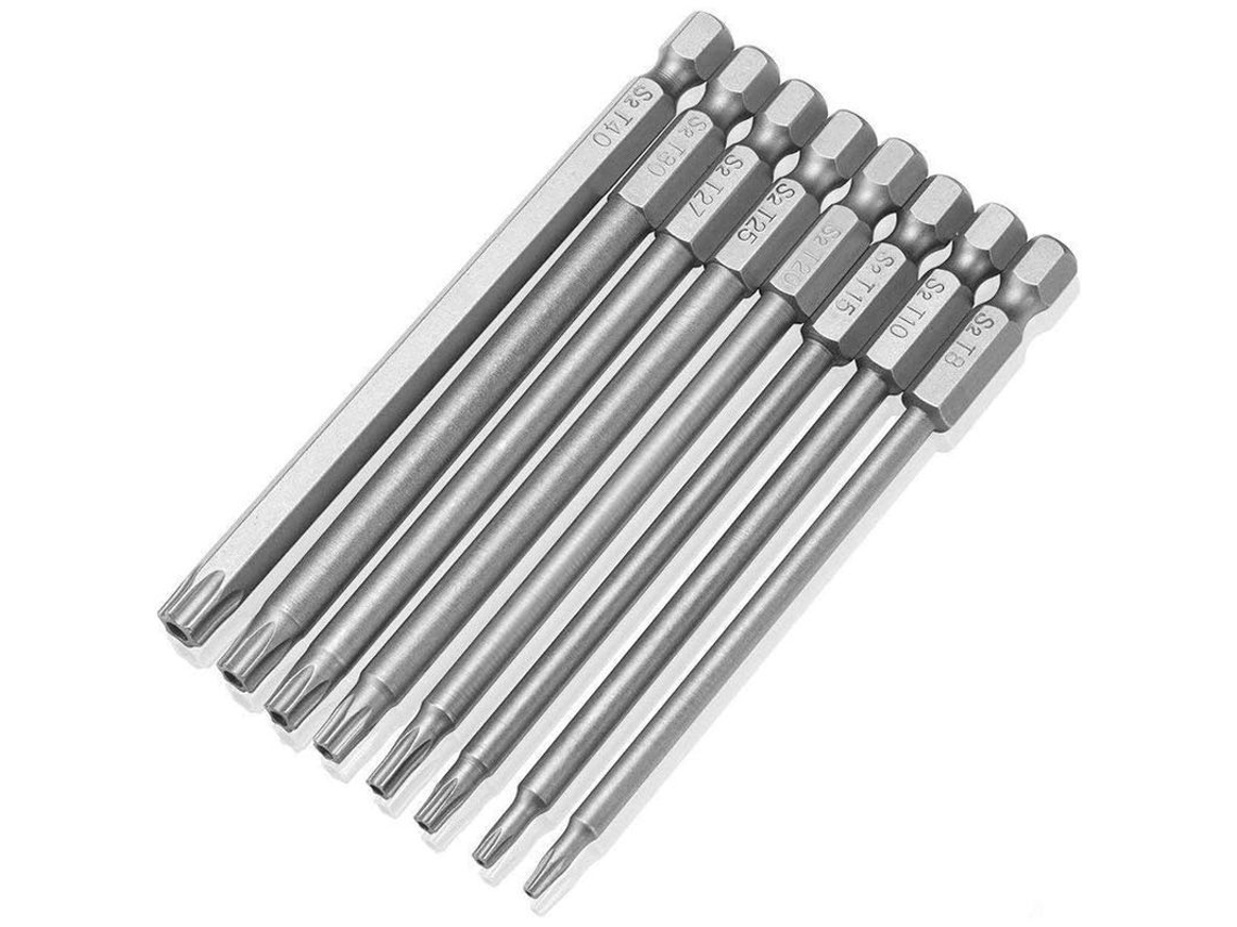 Conjunto De 8 Brocas De Parafusadeira Torx Magnéticas Largas Com Cabo Hexagonal De 1/4 Polegada T8-t40