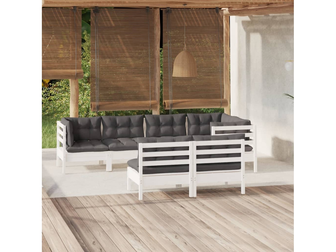 Vidaxl 7 Pcs Conj. Lounge De Jardim C/ Almofadões Pinho Maciço Branco