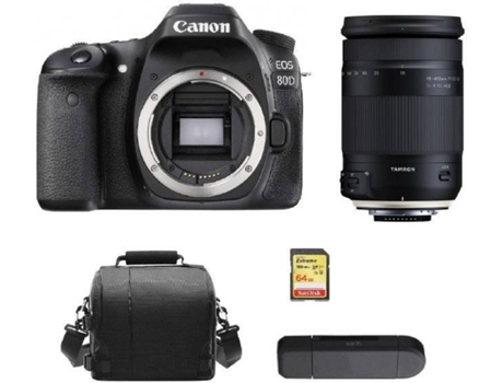 Máquina Fotográfica Reflex CANON EOS 80D + Objetiva TAMRON 18-400mm F3.5-6.3 Di II VC HLD + Cartão SD 64GB + bolsa de câmera + Leitor de Cartões SD (APS-C)