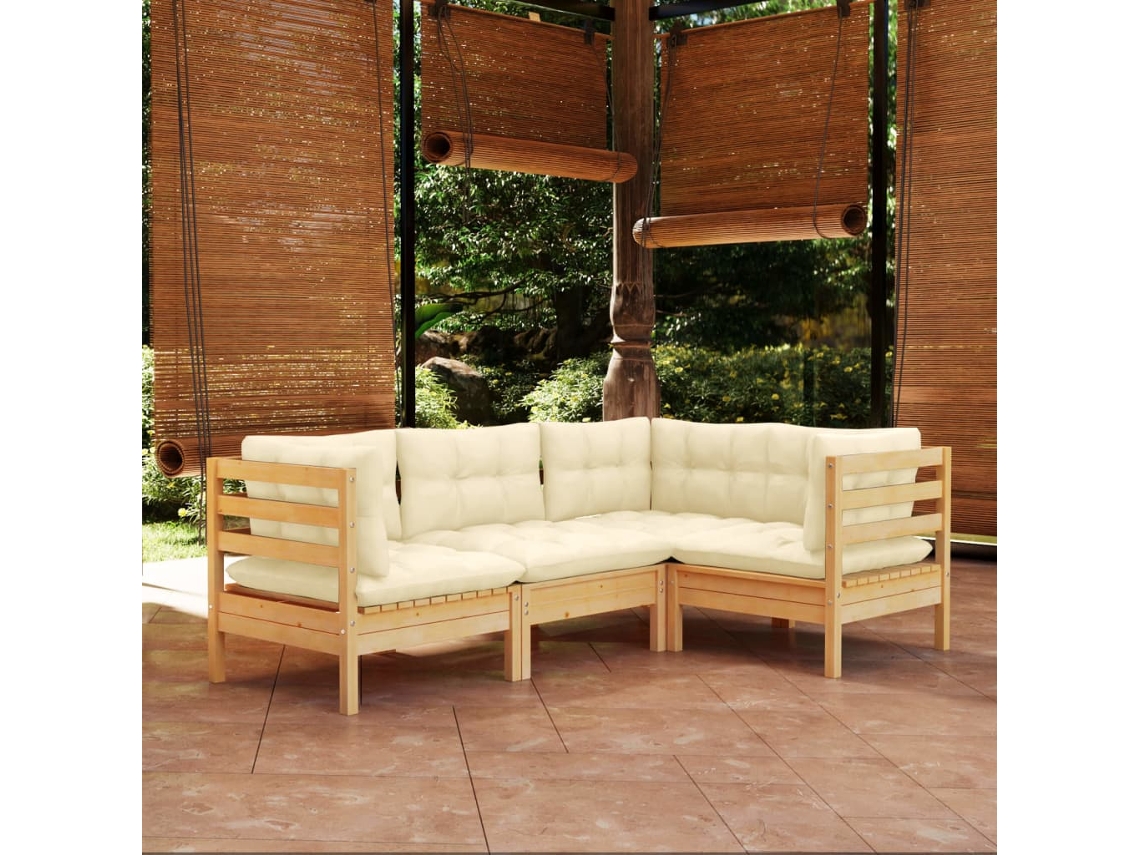 Conjunto 4 Pcs Lounge De Jardim C/ Almofadões Cor Creme Pinho Dkd Home Decor