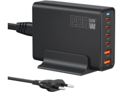 Estação De Carga Gan 200w 6 Portas 6a Usb-a Usb-c Pd Carga Rápida Preta