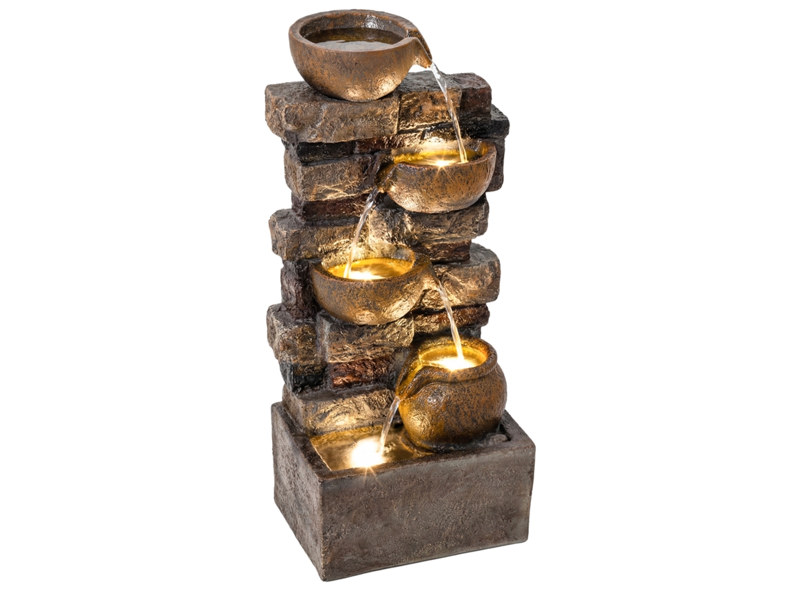 Fonte Externa com 5 Andares de Jarros Rústicos e Design de Pedra. Cachoeira com Luzes Led. Rustic Brown Ge