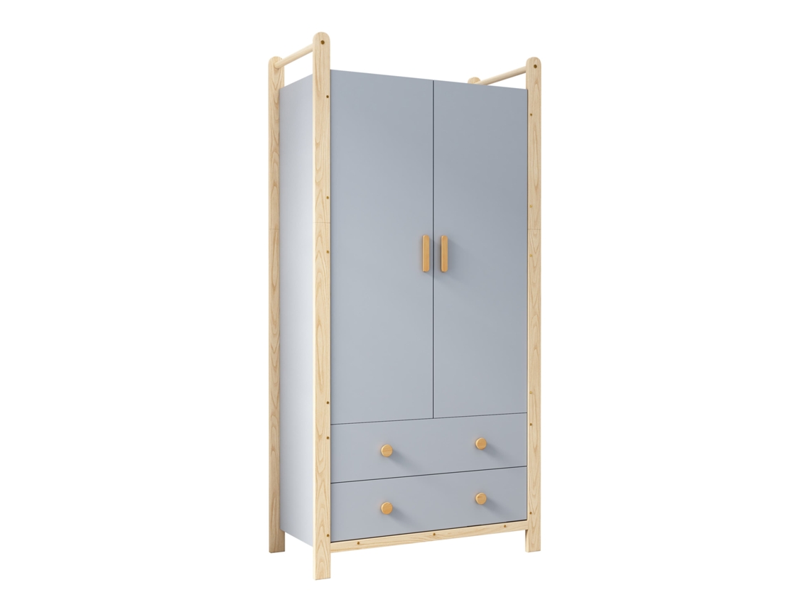 Armário 90x45x180 Cm - Com Barra, 2 Gavetas, Para Quarto, Sala, Hall De Entrada - Azul + Pinho