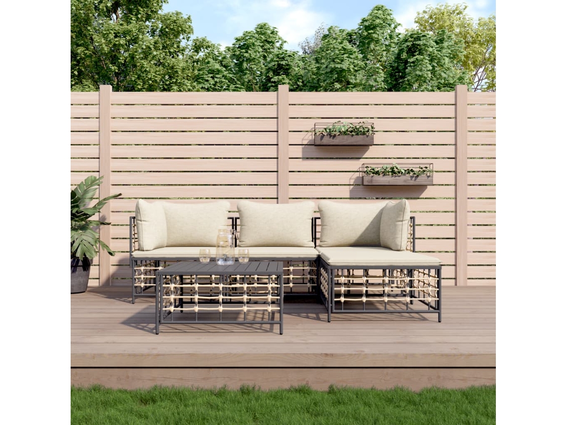 4 Pcs Conjunto Lounge De Jardim C/ Almofadões Vime Pe Antracite Dkd Home Decor