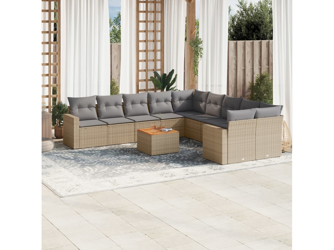 Vidaxl 11 Pcs Conjunto Sofás De Jardim C/ Almofadões Vime Pe Bege